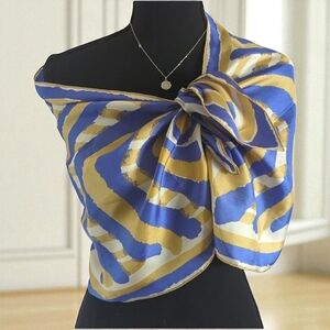 Vera Long Silk Scarf Abstract Design Blue Gold White Quiet Luxury Designer